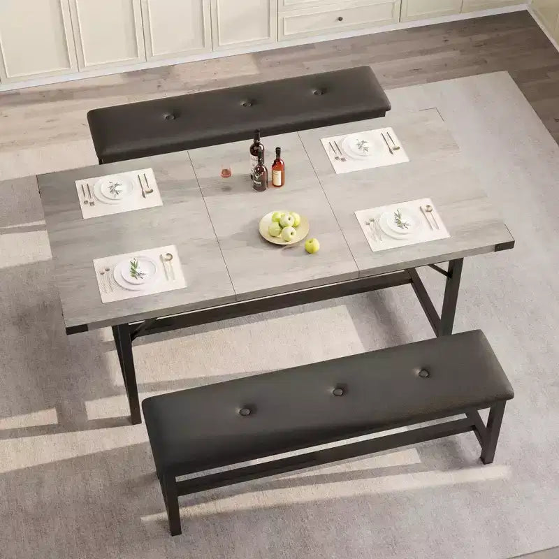 63 Ensemble de table à manger pour 4-8 personnes, grand ensemble de table de cuisine extensible avec 2 bancs rembourrés pour 6 personnes, ensemble de table à manger rectangulaire 3 pièces pour 4 personnes