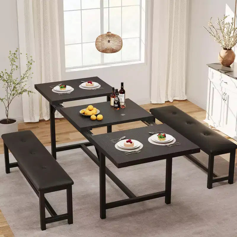 63 Ensemble de table à manger pour 4-8 personnes, grand ensemble de table de cuisine extensible avec 2 bancs rembourrés pour 6 personnes, ensemble de table à manger rectangulaire 3 pièces pour 4 personnes