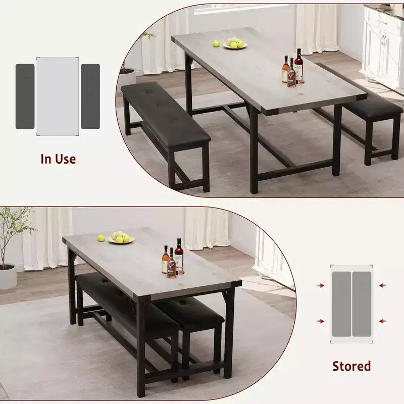 63 Ensemble de table à manger pour 4-8 personnes, grand ensemble de table de cuisine extensible avec 2 bancs rembourrés pour 6 personnes, ensemble de table à manger rectangulaire 3 pièces pour 4 personnes