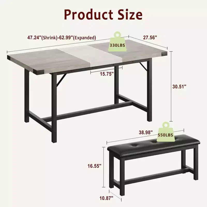 63 Ensemble de table à manger pour 4-8 personnes, grand ensemble de table de cuisine extensible avec 2 bancs rembourrés pour 6 personnes, ensemble de table à manger rectangulaire 3 pièces pour 4 personnes