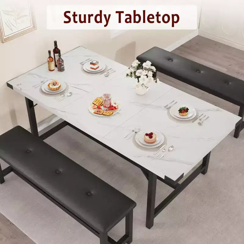 63 Ensemble de table à manger pour 4-8 personnes, grand ensemble de table de cuisine extensible avec 2 bancs rembourrés pour 6 personnes, ensemble de table à manger rectangulaire 3 pièces pour 4 personnes