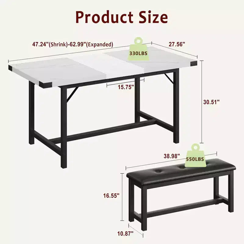 63 Ensemble de table à manger pour 4-8 personnes, grand ensemble de table de cuisine extensible avec 2 bancs rembourrés pour 6 personnes, ensemble de table à manger rectangulaire 3 pièces pour 4 personnes
