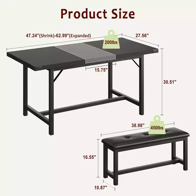 63 Ensemble de table à manger pour 4-8 personnes, grand ensemble de table de cuisine extensible avec 2 bancs rembourrés pour 6 personnes, ensemble de table à manger rectangulaire 3 pièces pour 4 personnes