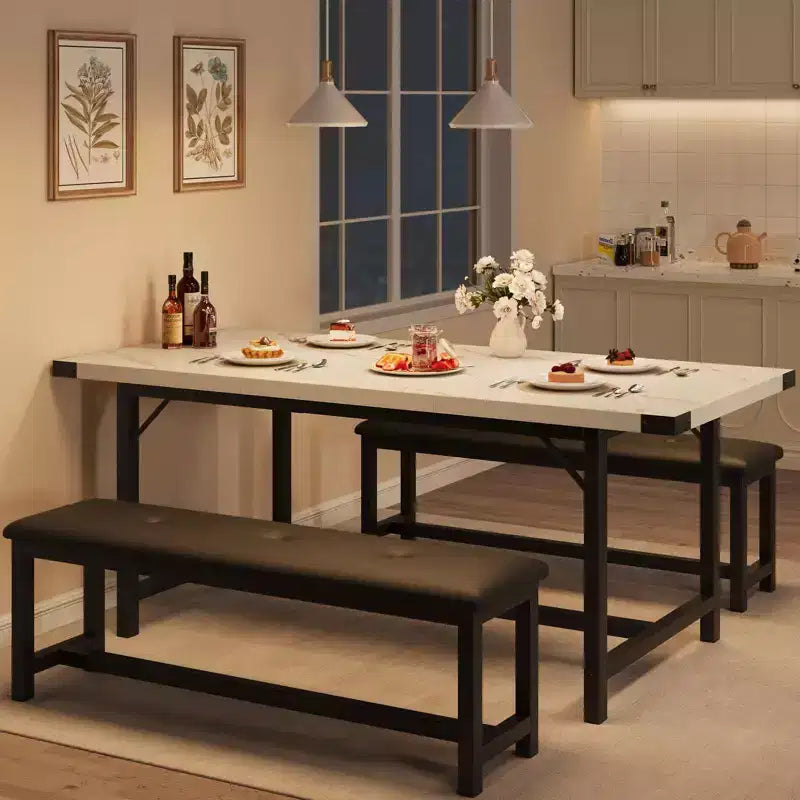 63 Ensemble de table à manger pour 4-8 personnes, grand ensemble de table de cuisine extensible avec 2 bancs rembourrés pour 6 personnes, ensemble de table à manger rectangulaire 3 pièces pour 4 personnes