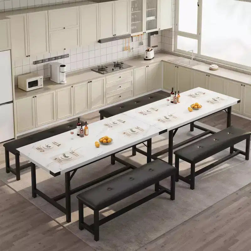 63 Ensemble de table à manger pour 4-8 personnes, grand ensemble de table de cuisine extensible avec 2 bancs rembourrés pour 6 personnes, ensemble de table à manger rectangulaire 3 pièces pour 4 personnes