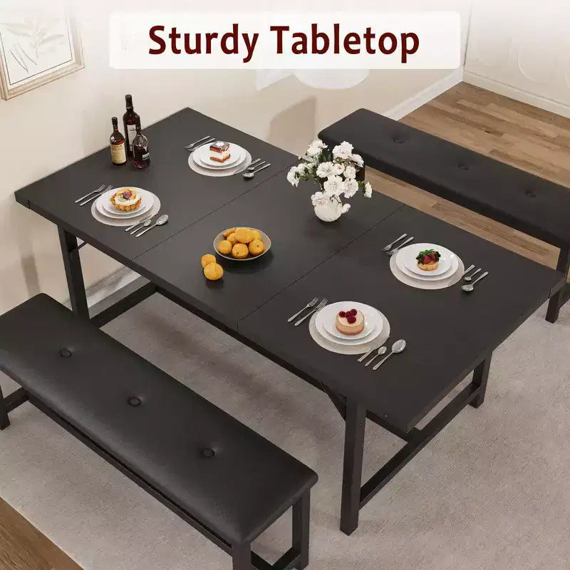 63 Ensemble de table à manger pour 4-8 personnes, grand ensemble de table de cuisine extensible avec 2 bancs rembourrés pour 6 personnes, ensemble de table à manger rectangulaire 3 pièces pour 4 personnes