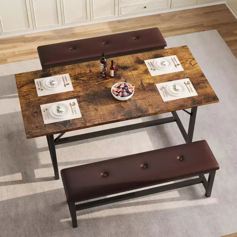 63 Ensemble de table à manger pour 4-8 personnes, grand ensemble de table de cuisine extensible avec 2 bancs rembourrés pour 6 personnes, ensemble de table à manger rectangulaire 3 pièces pour 4 personnes