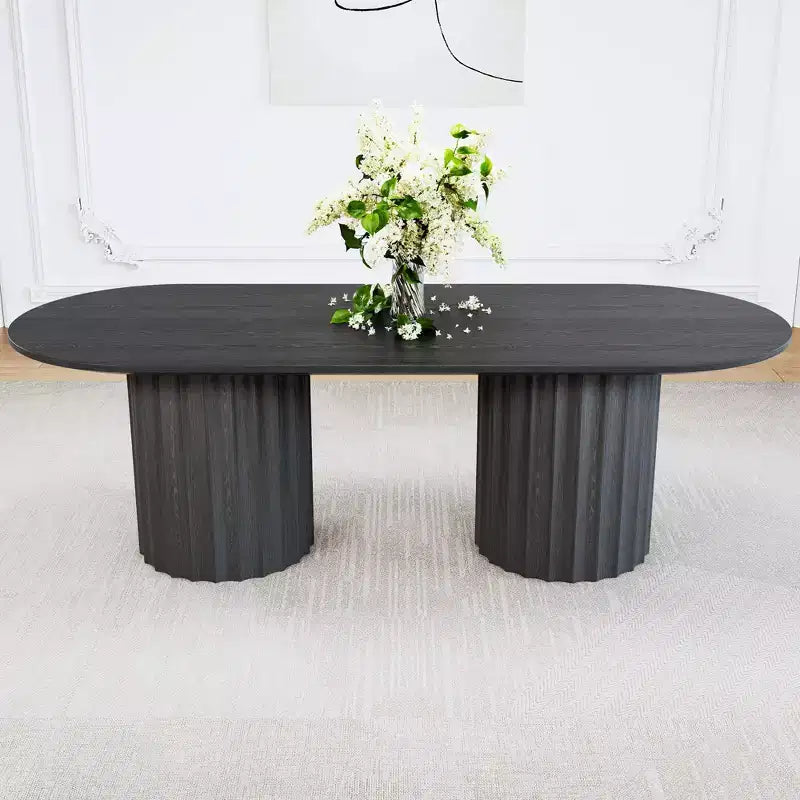 Table à manger ovale double base cylindrique noire de 86 pouces avec 8 chaises de salle à manger, convient pour salle à manger / salon