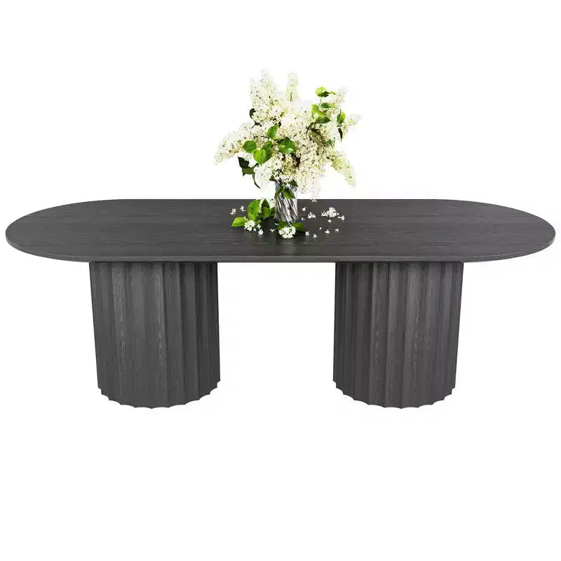 Table à manger ovale double base cylindrique noire de 86 pouces avec 8 chaises de salle à manger, convient pour salle à manger / salon