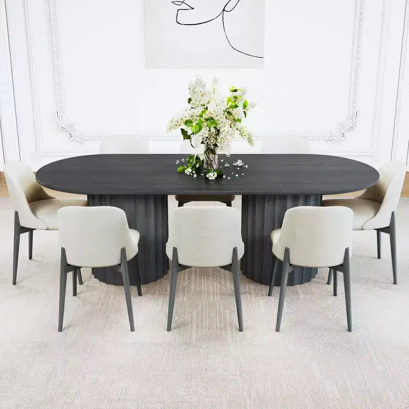 86 inch Cylindrical Double-base Oval Black Dining Table with 8 Dining chairs Suitable for Dining Room / Living Room