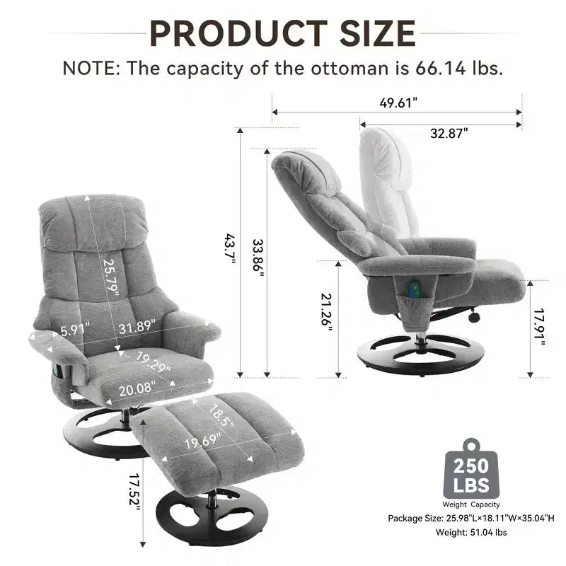 Fauteuil inclinable massant pivotant GDFStudio Cosette en chenille avec pouf