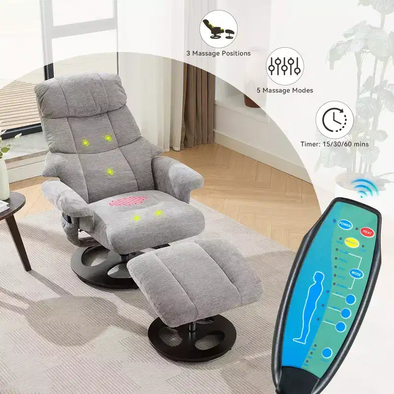 Fauteuil inclinable massant pivotant GDFStudio Cosette en chenille avec pouf