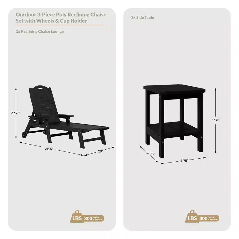 Chaise longue d'extérieur 3 pièces WestinTrends Aruba avec roues et porte-gobelet, accompagnée d'une table d'appoint de patio