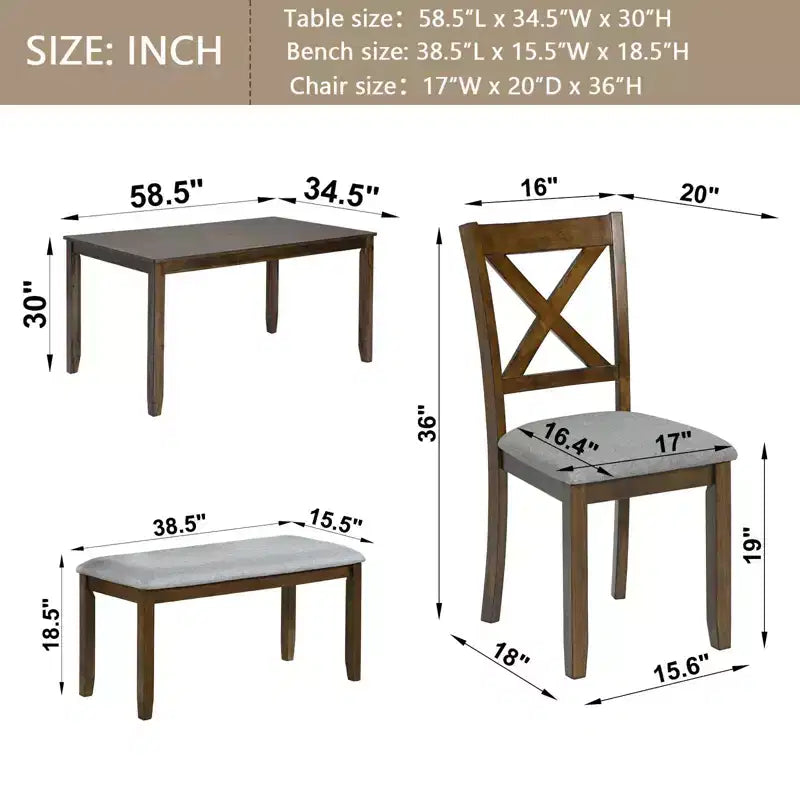 Homy Casa Ensemble de salle à manger 6 pièces en bois avec 4 chaises rembourrées et un banc, Meubles de cuisine et de salle à manger, Gris