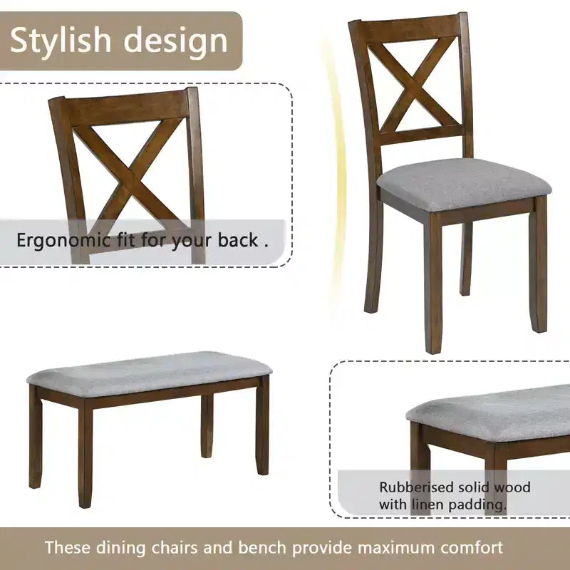 Homy Casa Ensemble de salle à manger 6 pièces en bois avec 4 chaises rembourrées et un banc, Meubles de cuisine et de salle à manger, Gris