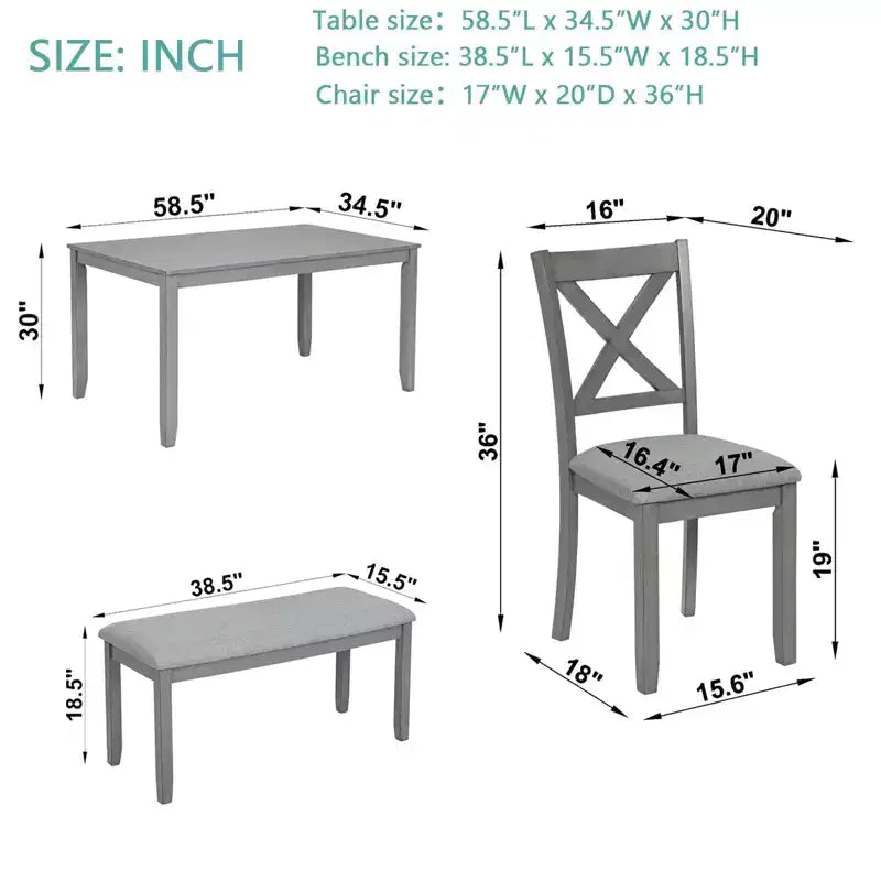 Homy Casa Ensemble de salle à manger 6 pièces en bois avec 4 chaises rembourrées et un banc, Meubles de cuisine et de salle à manger, Gris