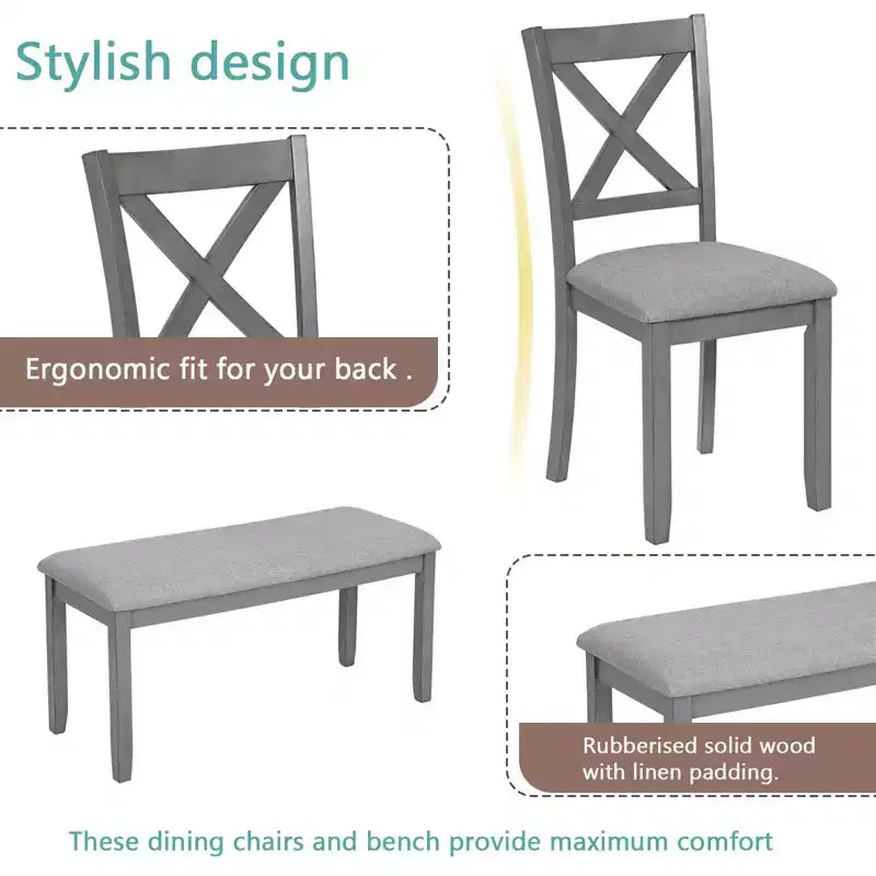 Homy Casa Ensemble de salle à manger 6 pièces en bois avec 4 chaises rembourrées et un banc, Meubles de cuisine et de salle à manger, Gris