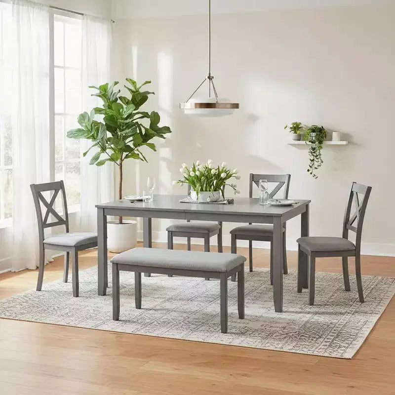 Homy Casa 6-Piece Wooden Dining Table Set with 4 Upholstered Chairs and Bench, Kitchen & Dining Room Furniture, Grey