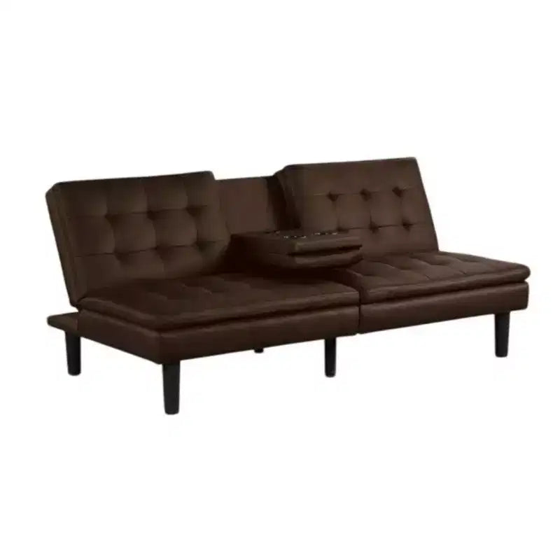 Royal Hampton Futon Sofa Bed, Drop-Down Tray and Cupholder, Brown Faux Leather