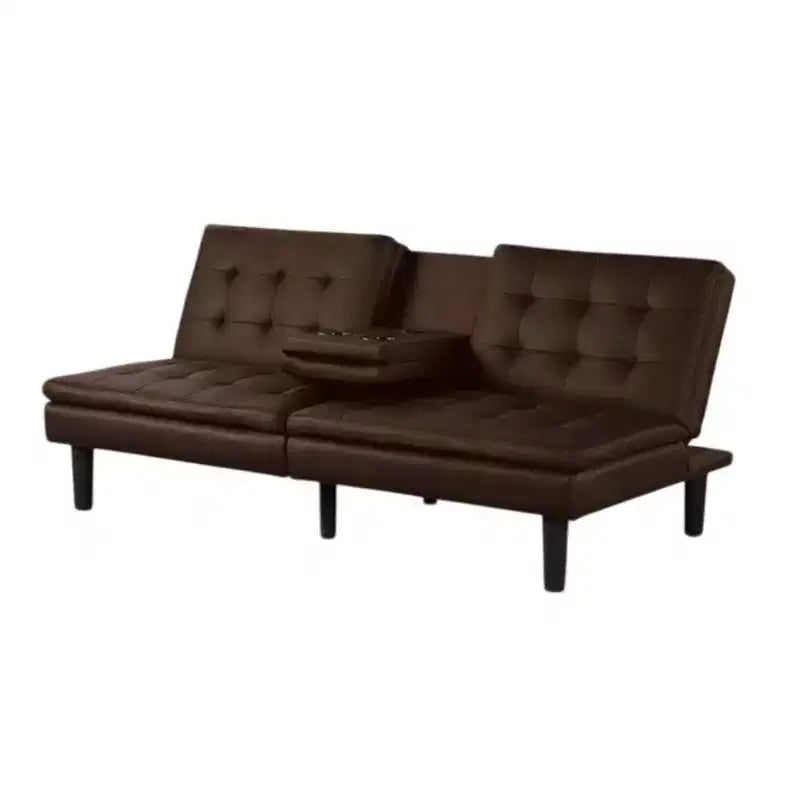 Canapé-lit futon Royal Hampton, plateau rabattable et porte-gobelet, similicuir marron