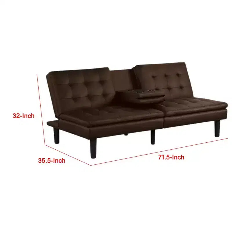 Canapé-lit futon Royal Hampton, plateau rabattable et porte-gobelet, similicuir marron