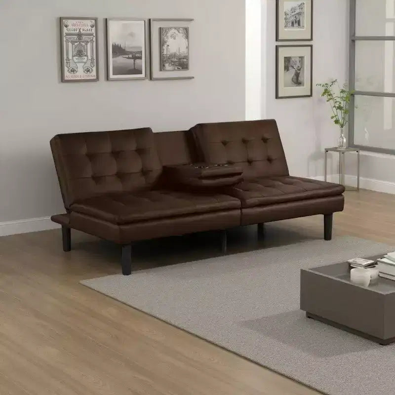 Canapé-lit futon Royal Hampton, plateau rabattable et porte-gobelet, similicuir marron