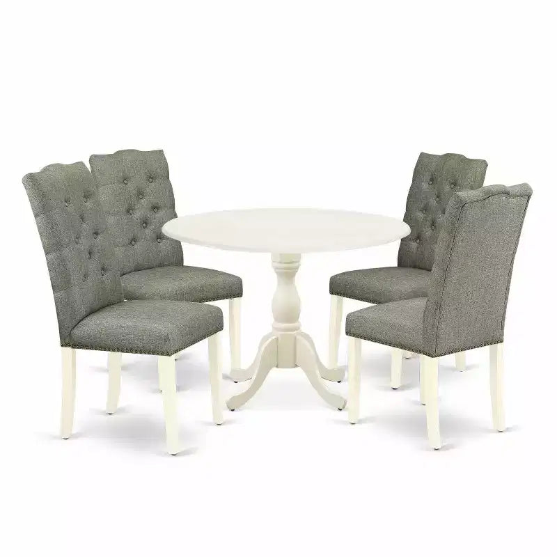5-Piece Linen White Finish Solid Wood Top Dining table with 4 Chairs with Drop Leaf