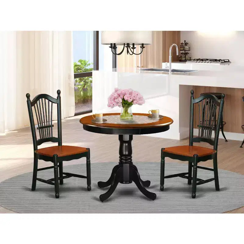 Ensemble de table de cuisine 3 pièces, table ronde et chaises en bois, fini merisier noir