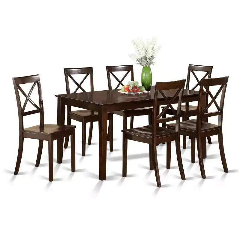 Dining Table and Chair Set - Eclectic Elegance Solid Wood Cappuccino Finish - Kitchen Table Set for 6