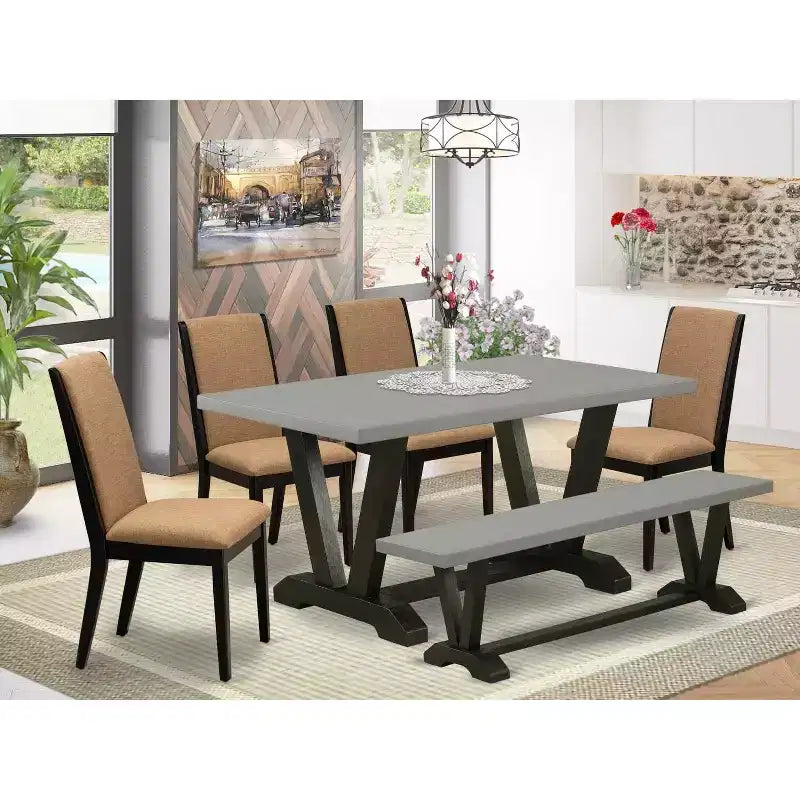 Table à manger rectangulaire 6 places HomeStock avec plateau en bois massif finition chêne naturel, 1 banc et 4 chaises