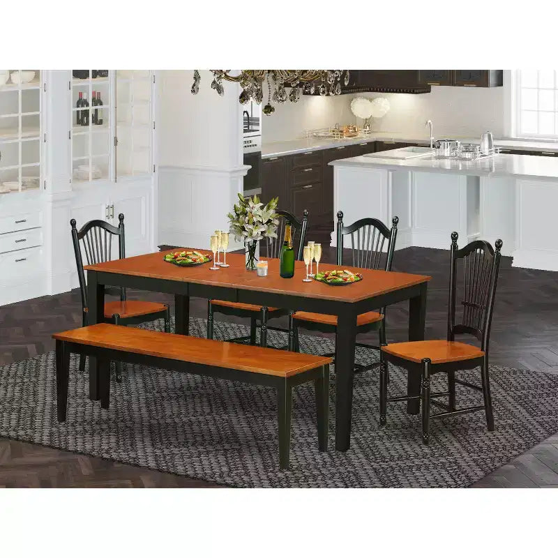 HomeStock Table de salle à manger 6 pièces rectangulaire en bois massif noir et merisier avec 1 banc et 4 chaises