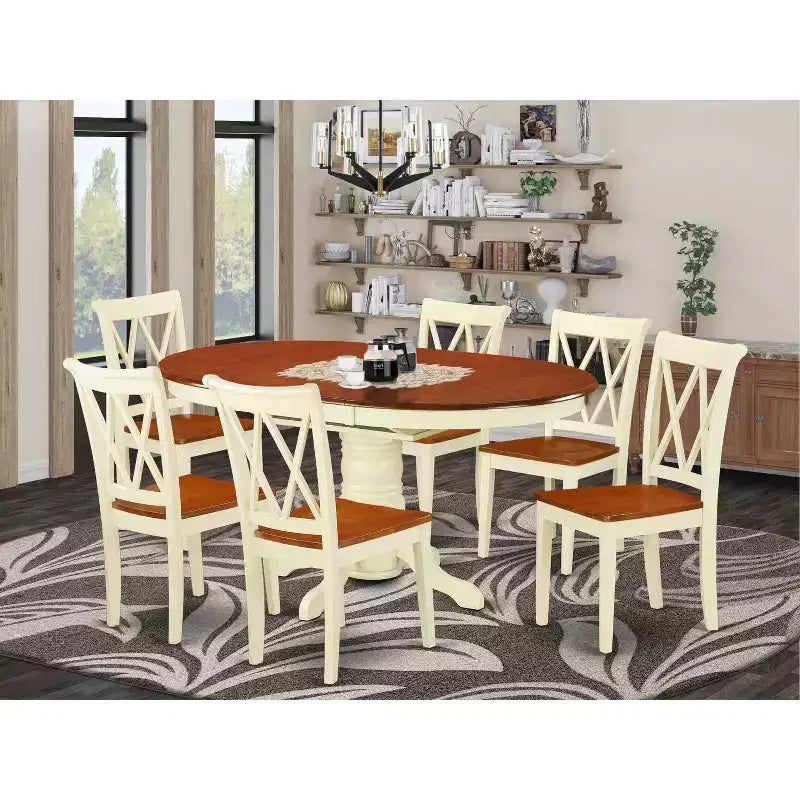 Ensemble de salle à manger 7 pièces, table ovale en bois et 6 chaises – Finition Blanc cassé et Merisier