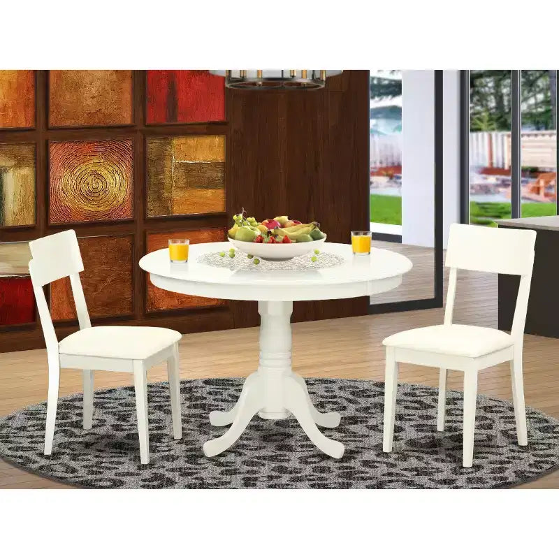 Ensemble de salle à manger du milieu du siècle - Table et chaises 3 pièces - Finition blanc lin - Table à manger ronde