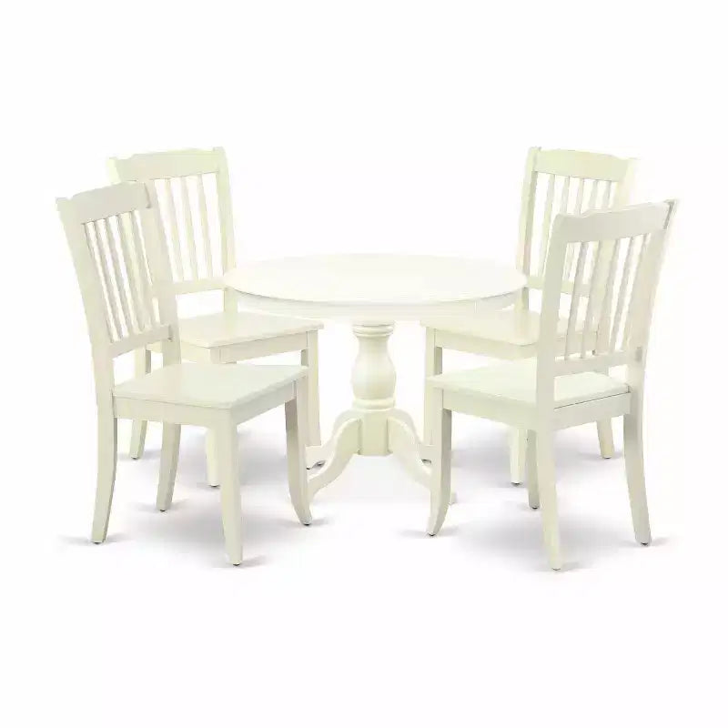 HomeStock 5-Piece Linen White Finish Solid Wood Top Dining table with 4-Chairs with Slat Back