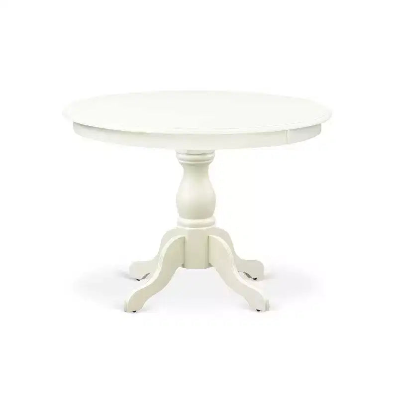 Table à manger HomeStock 5 pièces en bois massif finition lin blanc avec 4 chaises à dossier ajouré