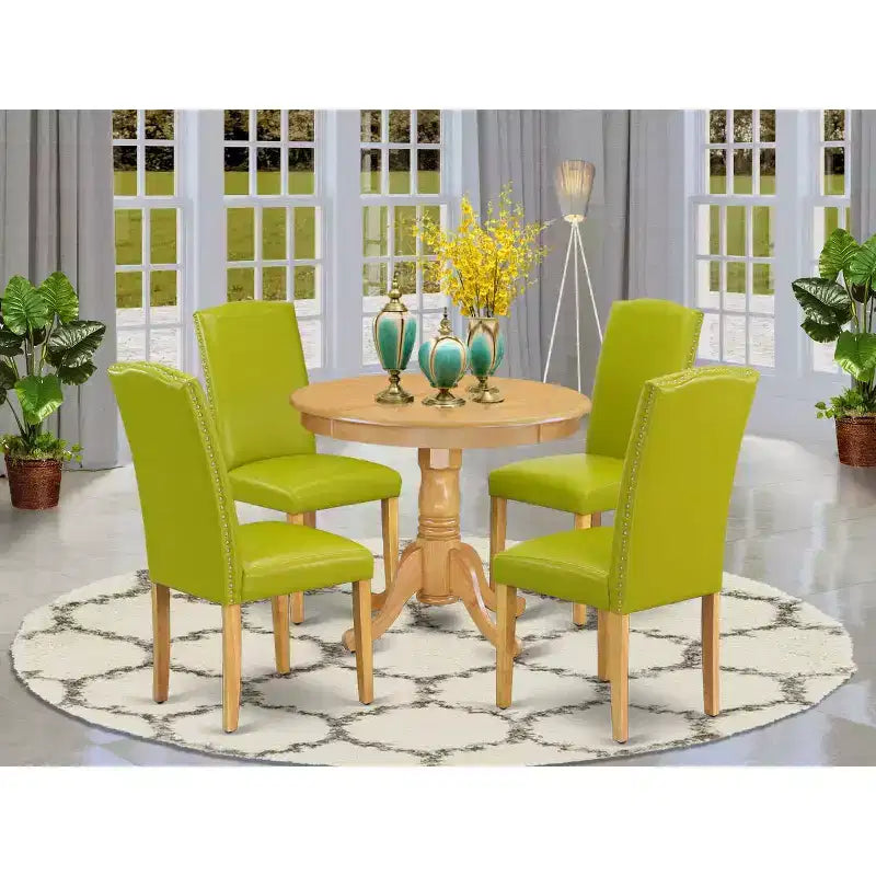 Ensemble de salle à manger rond style ferme - table 5 pièces et chaises, table 36 po, pieds en chêne, cuir PU, vert automne