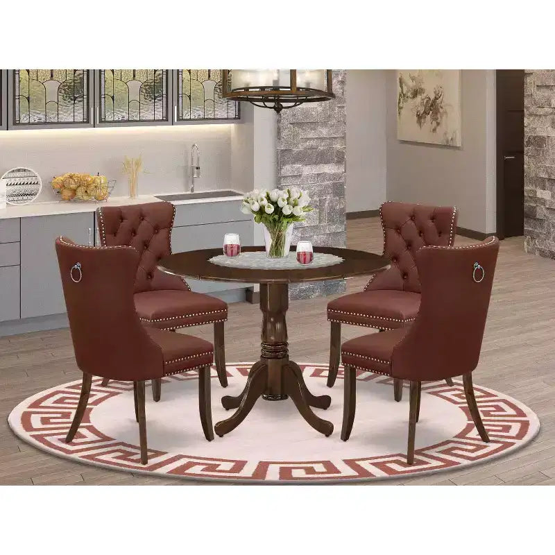 Ensemble de salle à manger 5 pièces - Table ronde avec abattants et 4 chaises - Finition noyer moderne