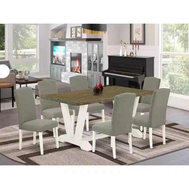 Table à manger 7 pièces en bois massif finition jacobéenne vieillie avec 6 chaises avec