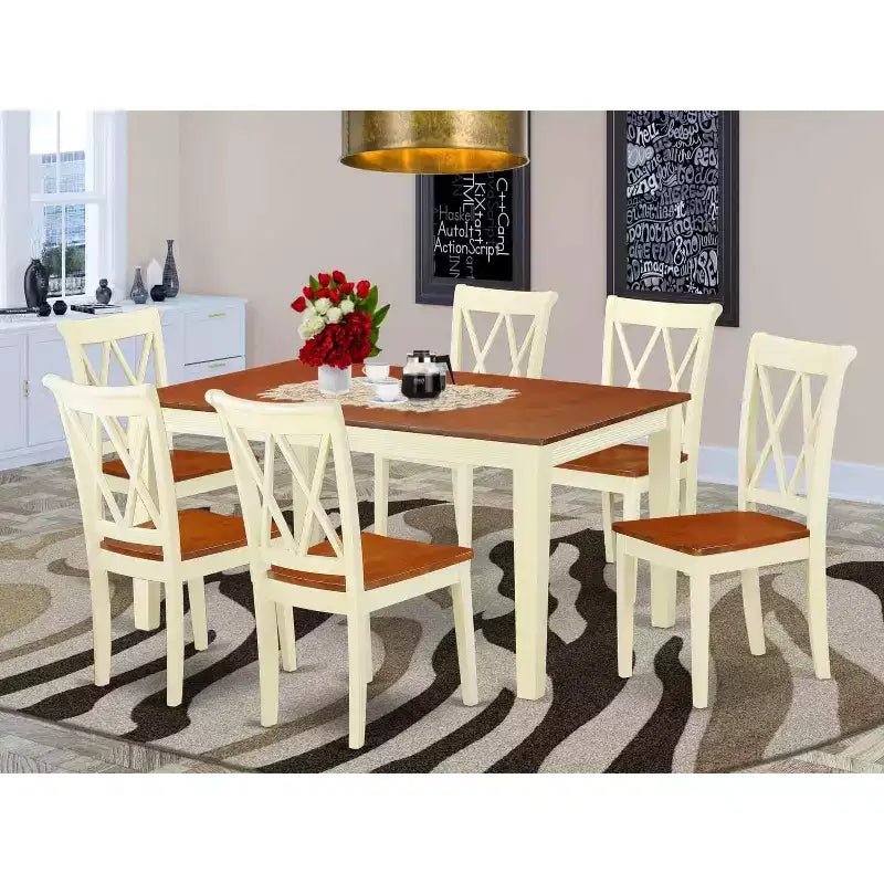 Salle à manger gothique 7 pièces Table rectangulaire avec rallonge et 6 chaises à double dossier en X