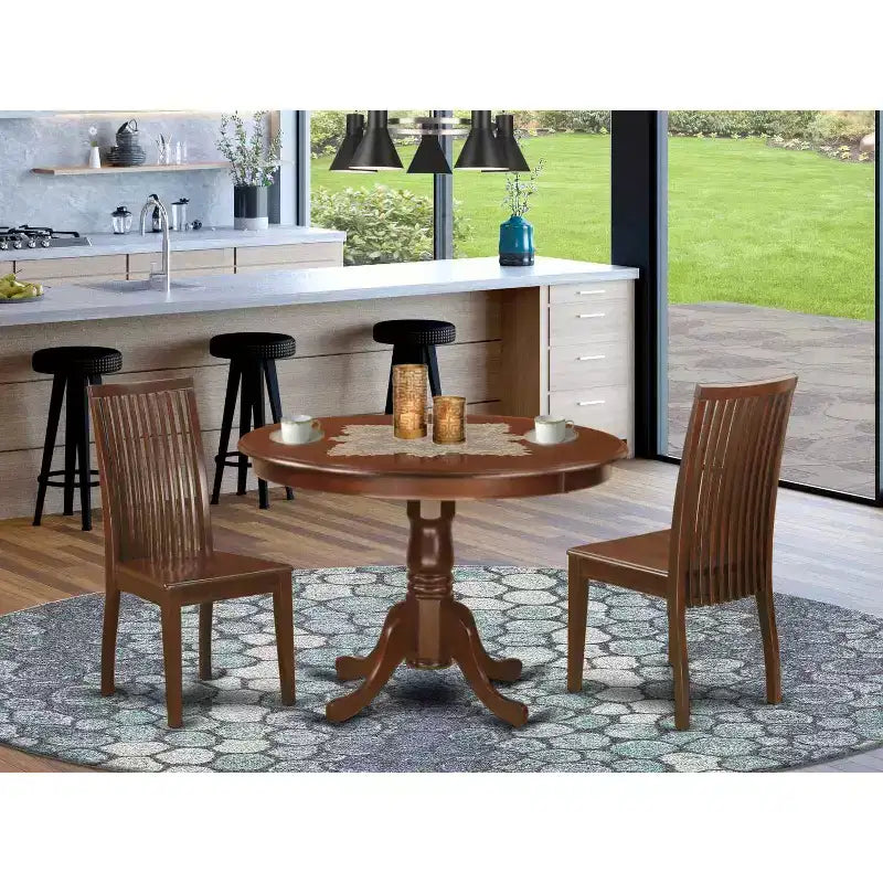 Ensemble de salle à manger rétro – Ensemble table et chaises 3 pièces – Table ronde – Siège en bois – Finition acajou