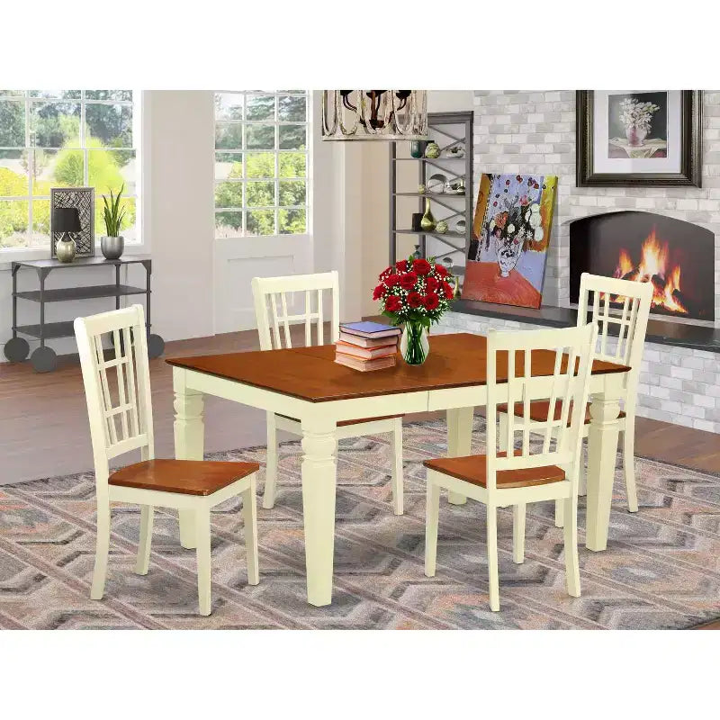 Ensemble table à manger 5 pièces HomeStock en bois massif finition cerisier et crème avec 4 chaises