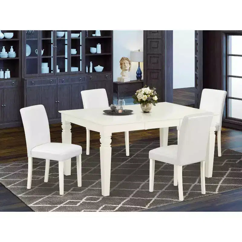 Ensemble de salle à manger 5 pièces rectangulaire 107x152 cm avec table et chaises pieds blancs lin