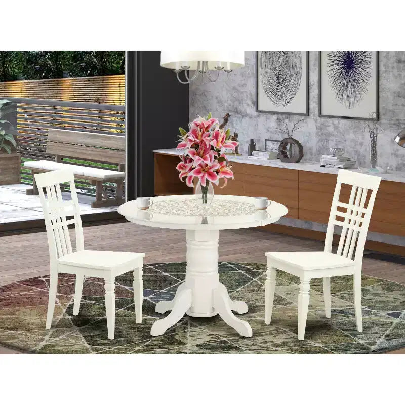 Ensemble de salle à manger HomeStock 3 pièces, table carrée en bois massif au fini blanc lin et 2 chaises