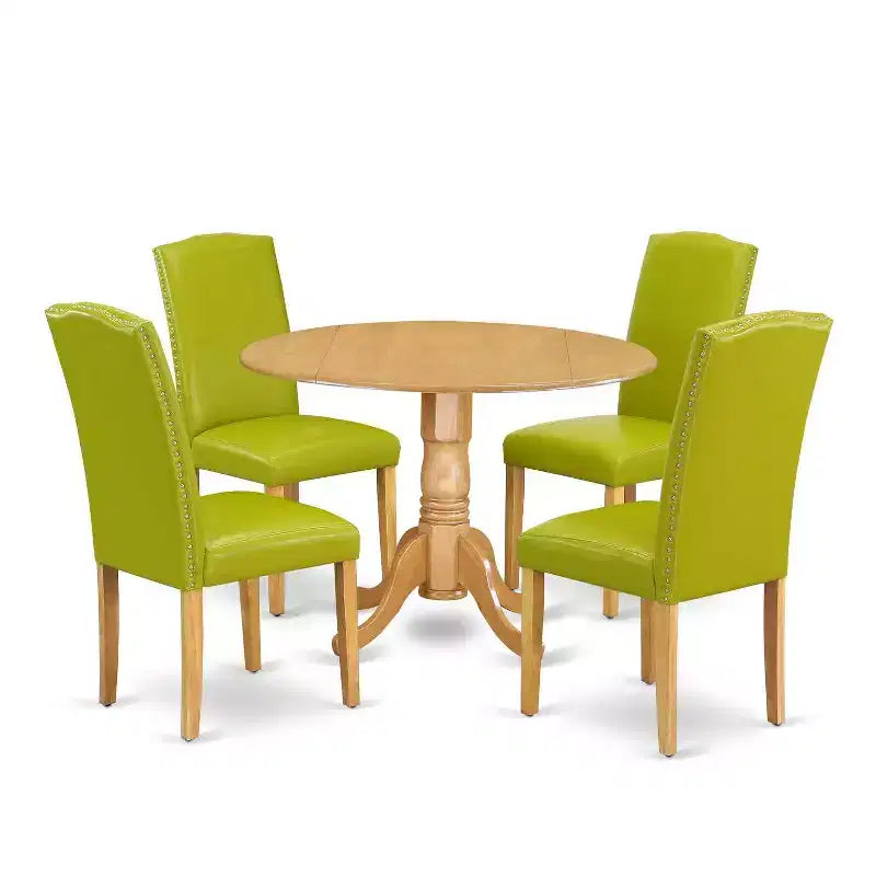Round Kitchen Table Set 5pc 42 Table w/ Drop Leaves & 4 Parsons Chairs - Autumn Green