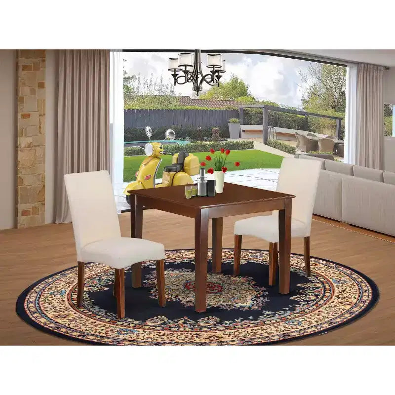Ensemble de salle à manger carré rétro - Table 36" et 2 chaises - Tissu lin crème - Pieds en acajou - HomeStock
