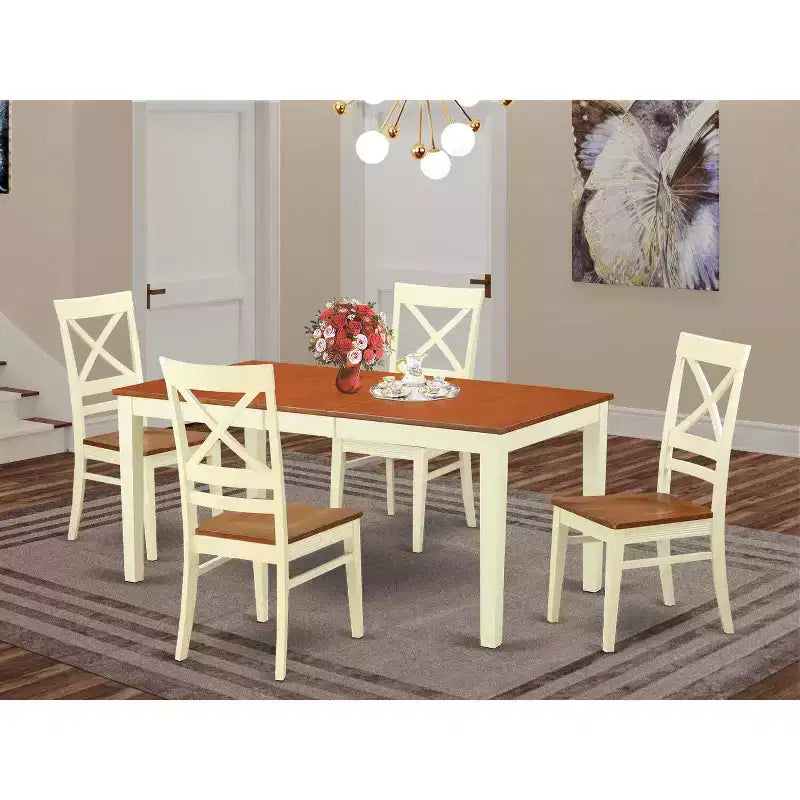 Table à manger HomeStock 5 pièces rectangulaire en bois massif, finition couleur cerise et crème, avec 4 chaises