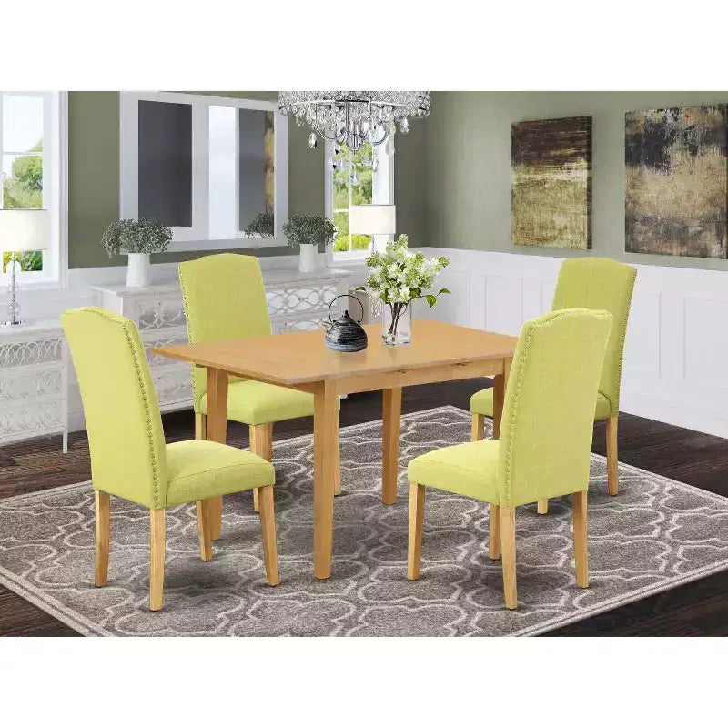 Ensemble de salle à manger scandinave 5 pièces : table rectangulaire et 4 chaises - Tissu en lin et pieds en chêne - 42 à 53,5 po