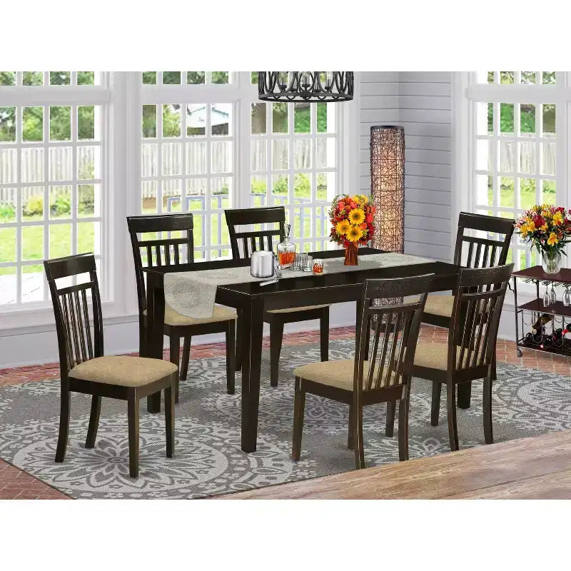 Table à manger rectangulaire 7 pièces HomeStock avec plateau en bois massif finition cappuccino et 6 chaises