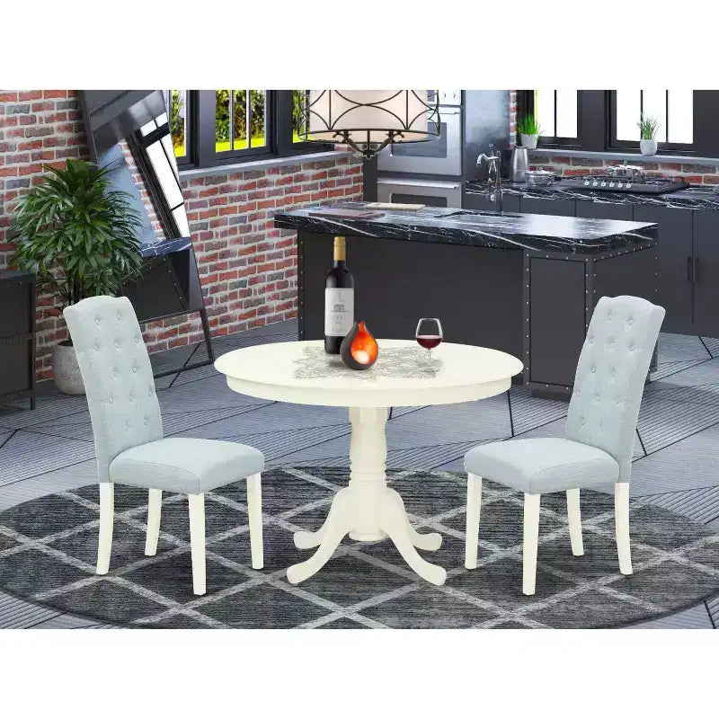 Ensemble de salle à manger 3 pièces Côtier - Table ronde et 2 chaises Parsons - Blanc lin et bleu layette