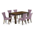 HomeStock 7-Piece Rectangle Distressed Jacobean Finish Solid Wood Top Dining Table with 6 Parson Chairs